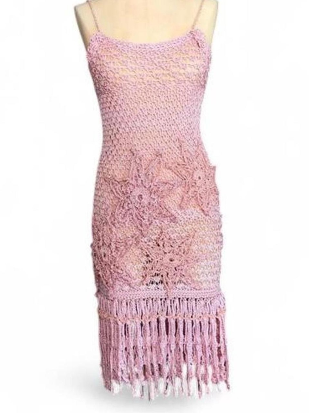 Pink Crochet Fringe Midi Dress